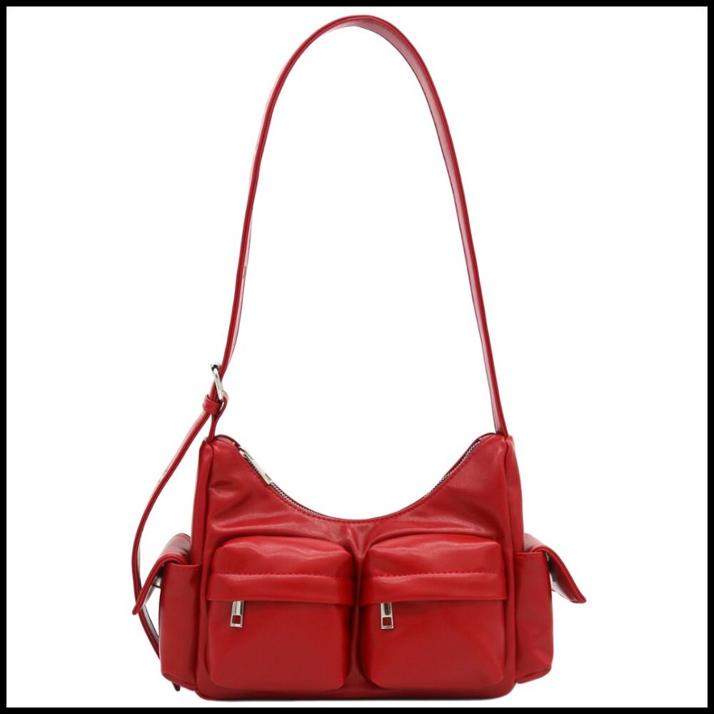 Glossy Faux Leather Shoulder Bag with Multiple Pockets, Adjustable Strap